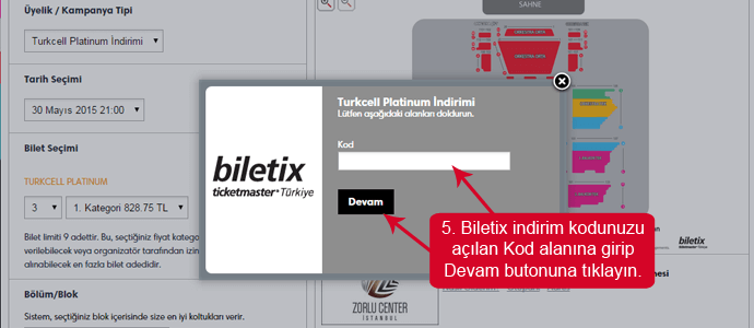 Biletix mağazası web sitesinde indirim kodunu girmek için boşluk