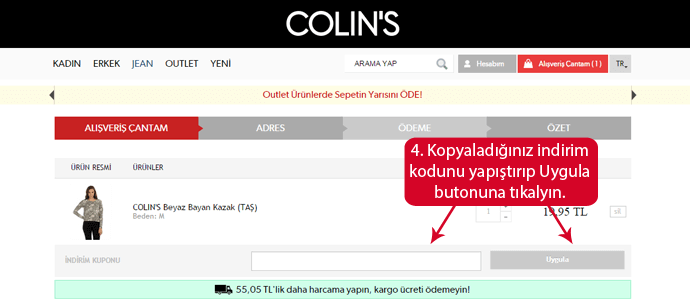 Colin's mağazası web sitesinde indirim kodunu girmek için boşluk