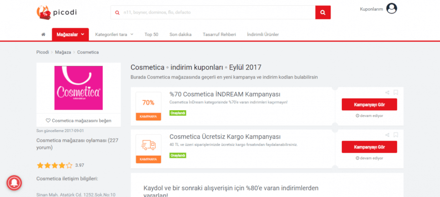 Picodi sitesinden Cosmetica indirim kodu