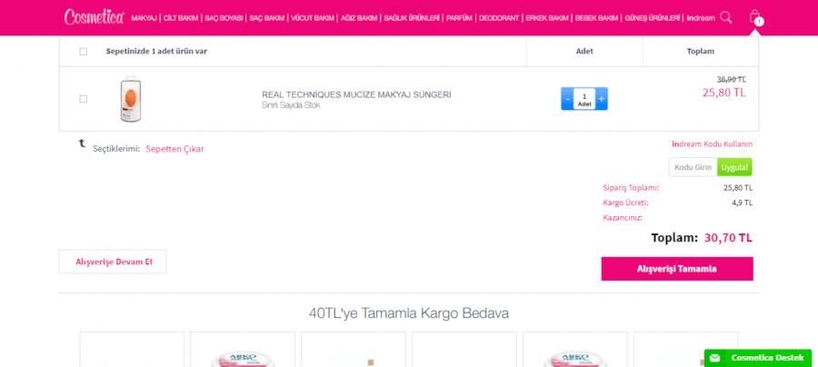 Cosmetica mağazası web sitesinde indirim kodunu girmek için boşluk