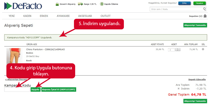 DeFacto kod kullanımı DeFacto promosyon kodu