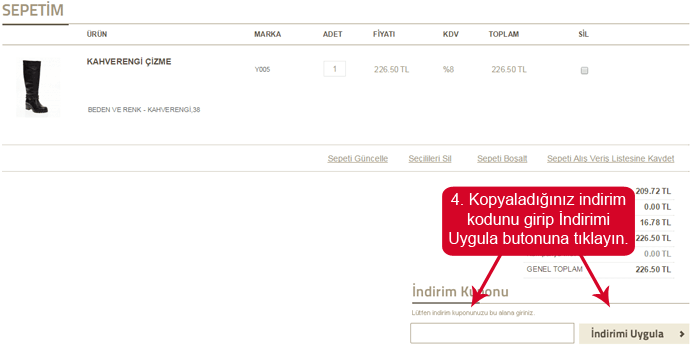 Divarese indirim kodunu girmek için boşluk