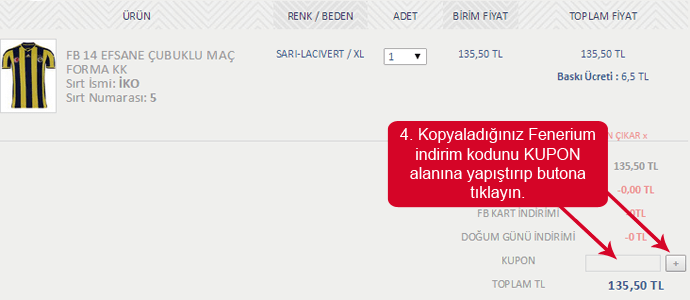 Fenerium mağazası web sitesinde indirim kodunu girmek için boşluk