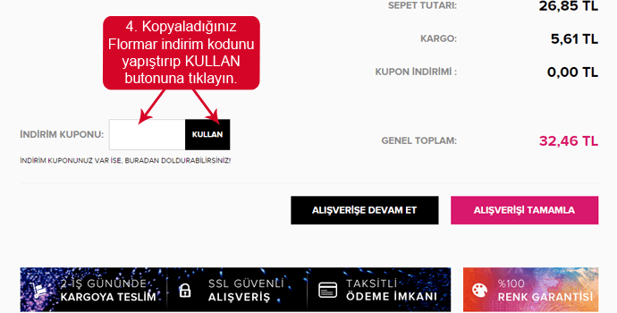 Flormar mağazası web sitesinde indirim kodunu girmek için boşluk
