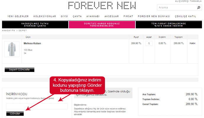 Forever New indirim kodunu girmek için boşluk