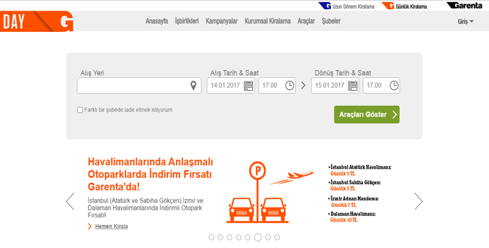 İlla ki Garenta şubelerine de gitmenize gerek kalmıyor. Hemen garenta.com.tr adresini tıklayın, aracı alacağınız yeri, tarih bilgilerini ve dönüş tarihini girin karşınıza çıkan araç tipleri ve fiyatlarından birini seçin. Hepsi bu kadar. İlla ki Garenta şubelerine de gitmenize gerek kalmıyor. Hemen garenta.com.tr adresini tıklayın, aracı alacağınız yeri, tarih bilgilerini ve dönüş tarihini girin karşınıza çıkan araç tipleri ve fiyatlarından birini seçin. Hepsi bu kadar.