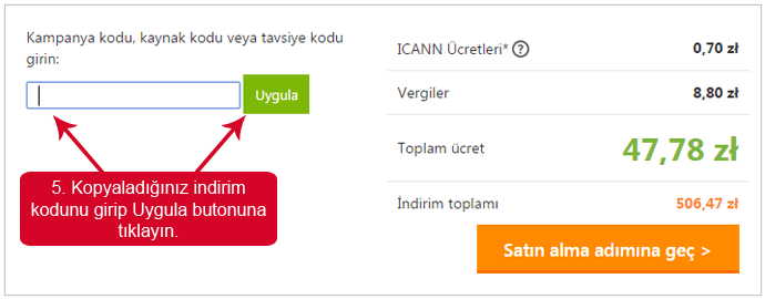Godaddy mağazası web sitesinde indirim kodunu girmek için boşluk