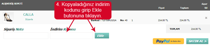 Hotiç mağazası web sitesinde indirim kodunu girmek için boşluk