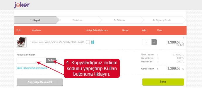 Joker indirim kodunu girmek için boşluk