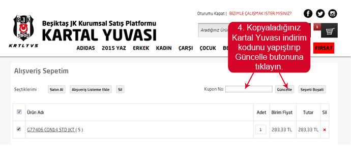 Sefamerve mağazası web sitesinde indirim kuponu girmek için boşluk