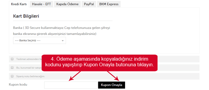 Kiğılı indirim kodunu girmek için boşluk