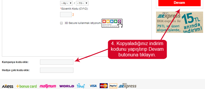 Kitapyurdu indirim kodunu girmek için boşluk