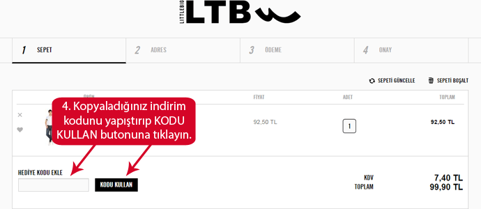 LTB indirim kodunu girmek için boşluk