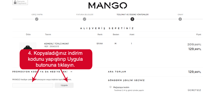 Mango indirim kodunu girmek için boşluk