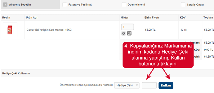 Markamama mağazası web sitesinde hediye çeki girmek için boşluk