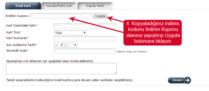 Kitapsepeti mağazası web sitesinde indirim kuponu girmek için boşluk