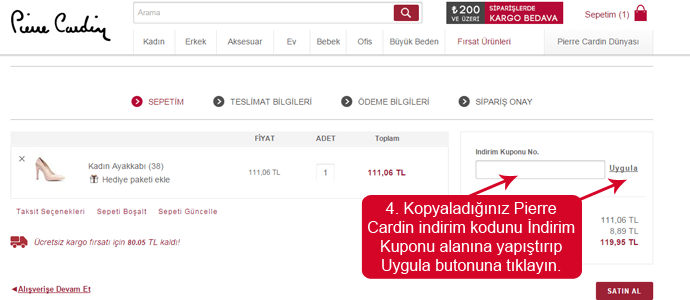 Pierre Cardin mağazası web sitesinde indirim kodunu girmek için boşluk