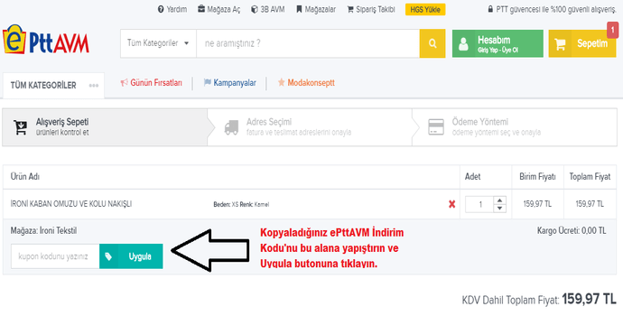 Ptt Kargo PTTAVM mağazası web sitesinde indirim kodunu girmek için boşluk