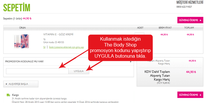 The Body Shop Promosyon Kodu The body shop mağazası web sitesinde indirim kodunu girmek için boşluk