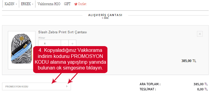 Vakkorama mağazası web sitesinde promosyon kodunu girmek için boşluk