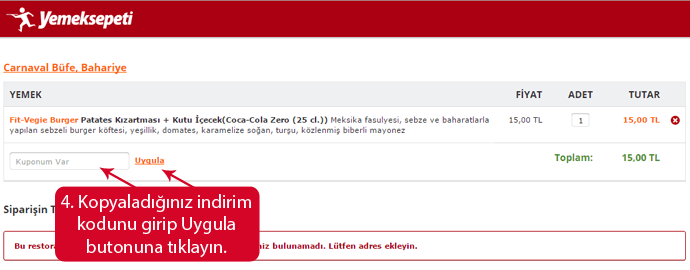 yemeksepeti mağazası web sitesinde indirim kodunu girmek için boşluk