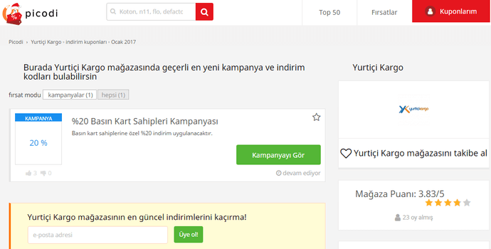Picodi sitesinden Yurtiçi Cargo promosyon