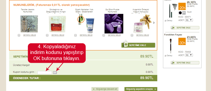 Yves Rocher indirim kodunu girmek için boşluk