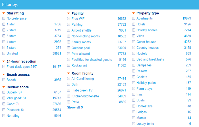 Booking.com filters new filters