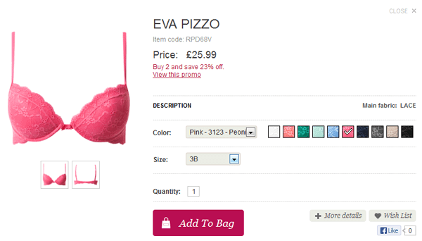 Select your favourite product and click ADD TO BAG button Intimissimi pink bra