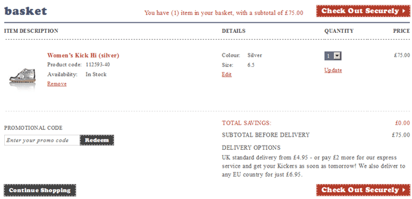 Kickers shopping basket and promo code box Kickers shopping basket and promo code box