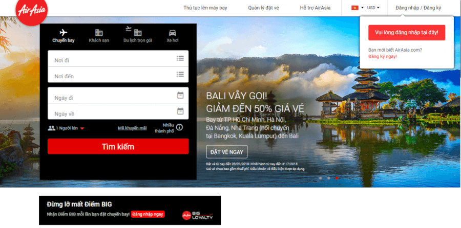 Đặt vé trực tuyến trên Airasia.com.