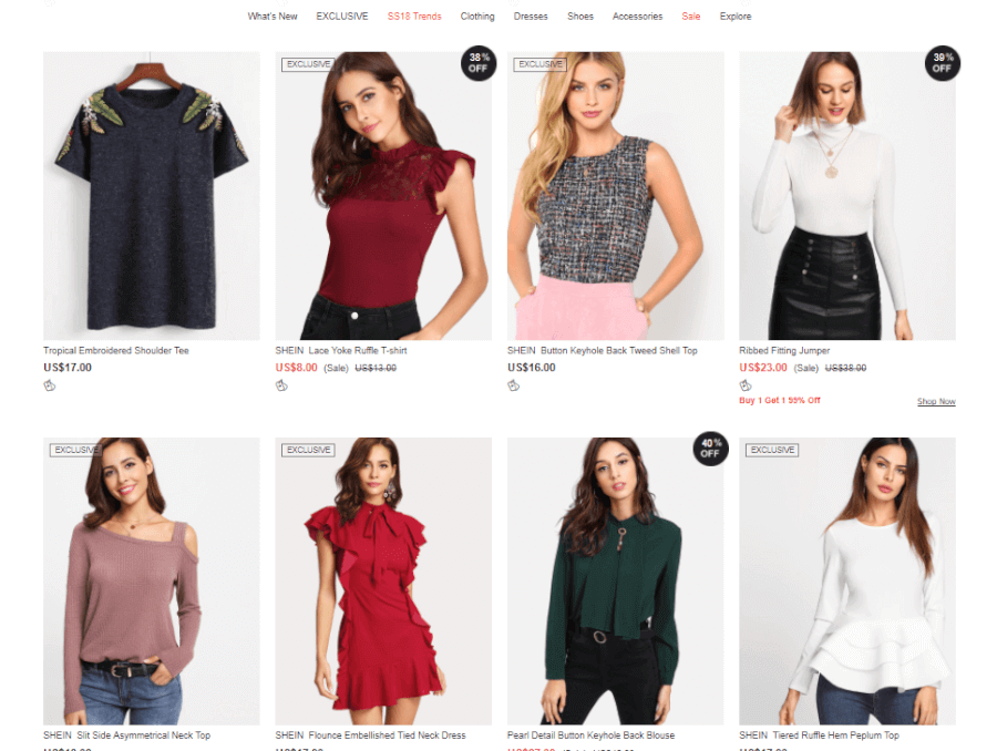 Một số mẫu sản phẩm trên shein.com.