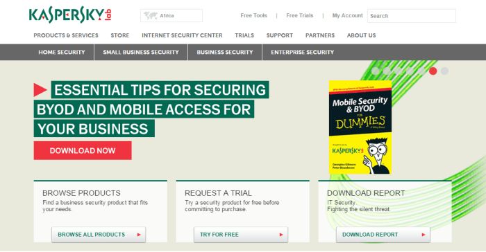 Kaspersky's homepage Kaspersky homepage